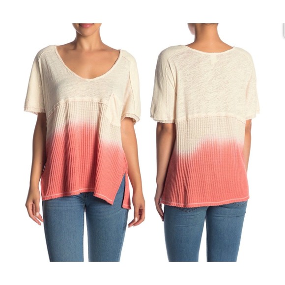We The Free FP Sun Dial V-Neck Linen Blend Waffle Tee XS Colorblock Ombre Coral - Picture 3 of 8